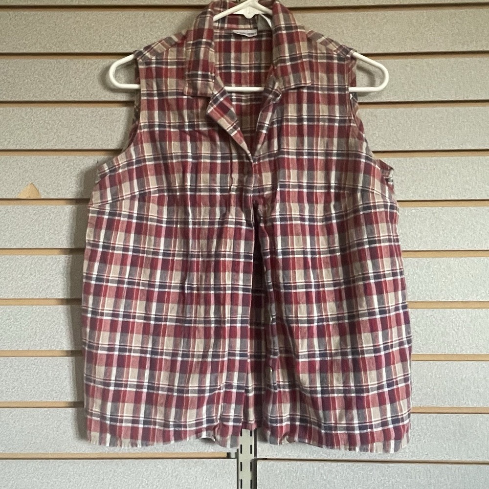 Cabin Creek Women's Large L Red Blue Plaid Sleeveless Button Shirt L VTG